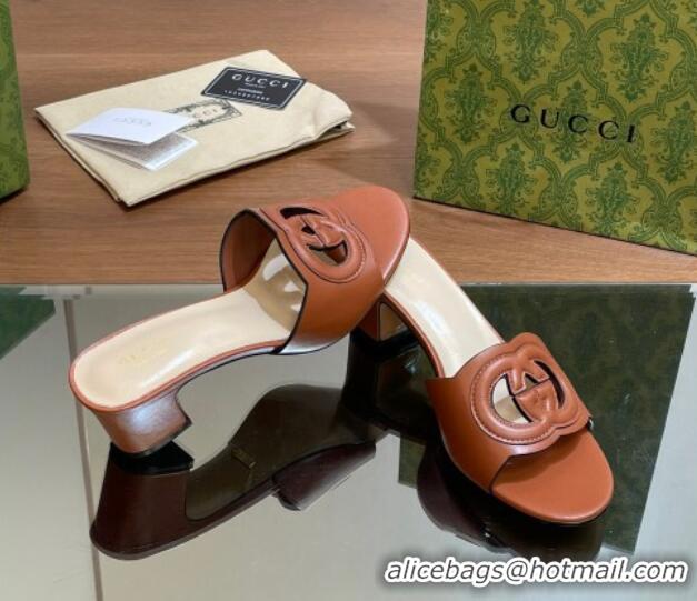 Unique Discount Gucci Cutout Interlocking G Heel Slide Sandals 5.5cm Brown 605123