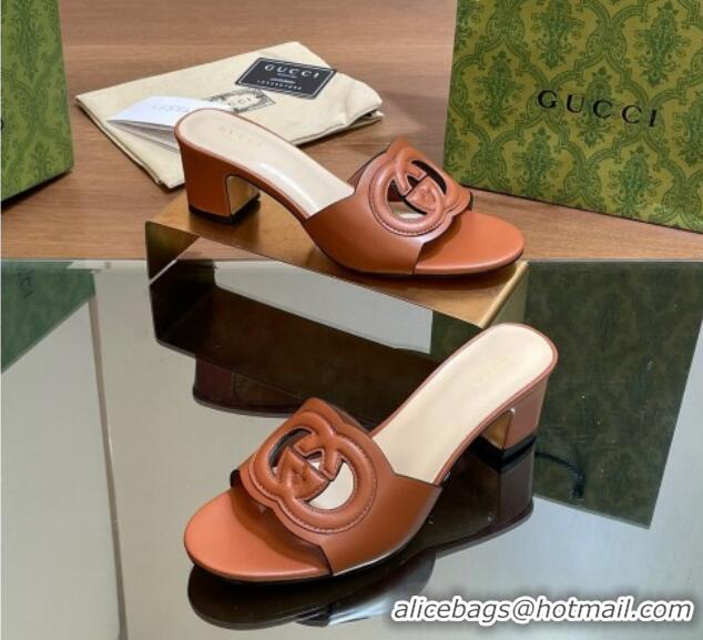 Unique Discount Gucci Cutout Interlocking G Heel Slide Sandals 5.5cm Brown 605123