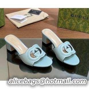 Popular Style Gucci Cutout Interlocking G Heel Slide Sandals 5.5cm Light Blue 605126