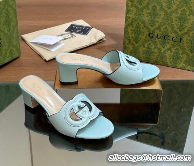 Popular Style Gucci Cutout Interlocking G Heel Slide Sandals 5.5cm Light Blue 605126