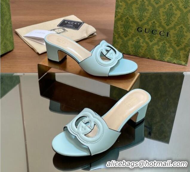 Popular Style Gucci Cutout Interlocking G Heel Slide Sandals 5.5cm Light Blue 605126