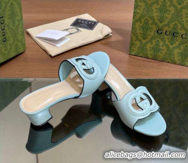 Popular Style Gucci Cutout Interlocking G Heel Slide Sandals 5.5cm Light Blue 605126