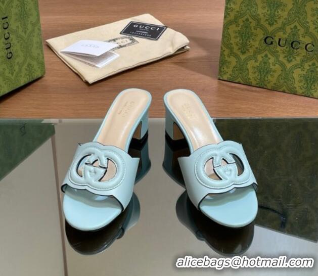 Popular Style Gucci Cutout Interlocking G Heel Slide Sandals 5.5cm Light Blue 605126