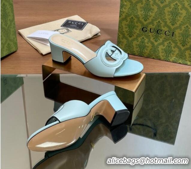 Popular Style Gucci Cutout Interlocking G Heel Slide Sandals 5.5cm Light Blue 605126