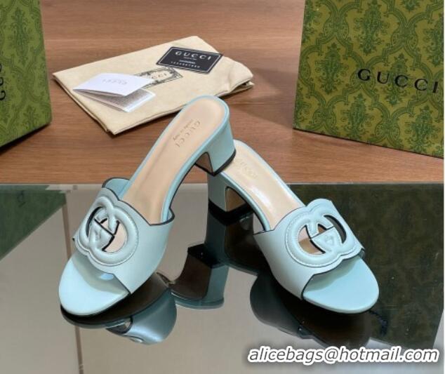 Popular Style Gucci Cutout Interlocking G Heel Slide Sandals 5.5cm Light Blue 605126