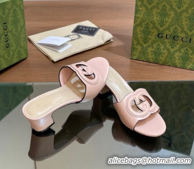 Top Design Gucci Cutout Interlocking G Heel Slide Sandals 5.5cm Light Pink 605127