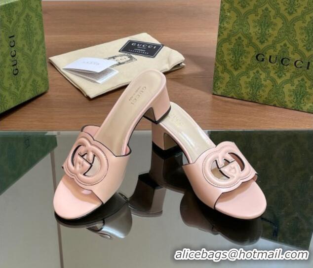 Top Design Gucci Cutout Interlocking G Heel Slide Sandals 5.5cm Light Pink 605127