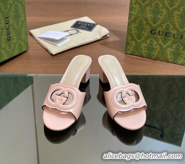 Top Design Gucci Cutout Interlocking G Heel Slide Sandals 5.5cm Light Pink 605127