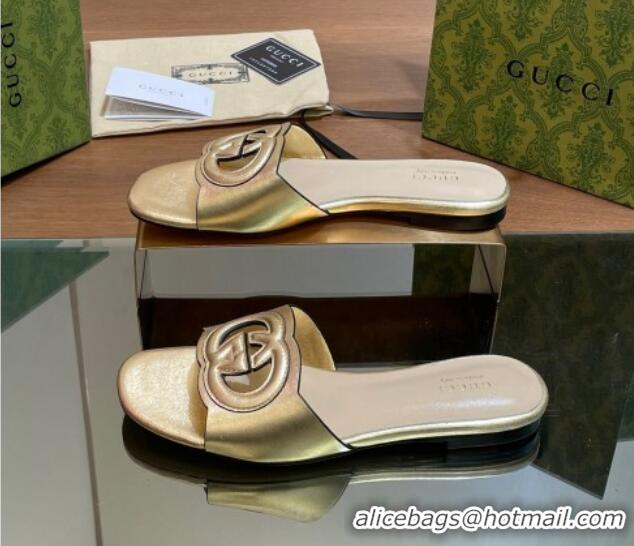 Sumptuous Gucci Cutout Interlocking G Flat Slide Sandals Gold 605129