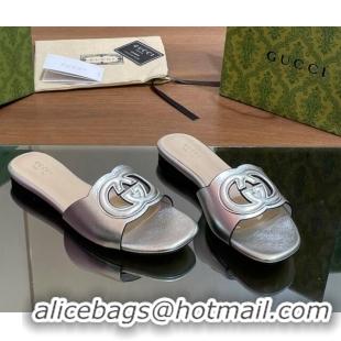 Luxury Cheap Gucci Cutout Interlocking G Flat Slides Sandals Silver 605128