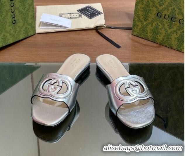 Luxury Cheap Gucci Cutout Interlocking G Flat Slides Sandals Silver 605128