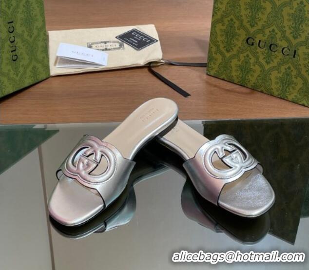 Luxury Cheap Gucci Cutout Interlocking G Flat Slides Sandals Silver 605128