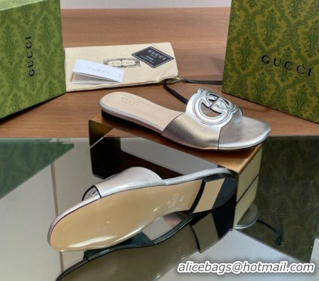 Luxury Cheap Gucci Cutout Interlocking G Flat Slides Sandals Silver 605128