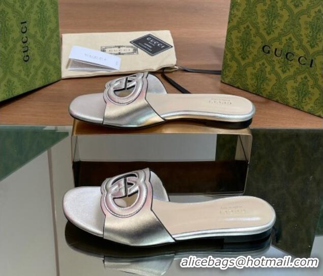 Luxury Cheap Gucci Cutout Interlocking G Flat Slides Sandals Silver 605128