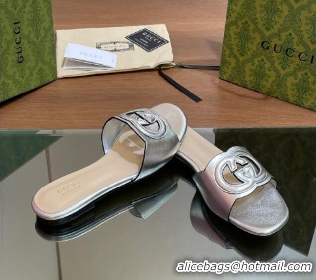 Luxury Cheap Gucci Cutout Interlocking G Flat Slides Sandals Silver 605128