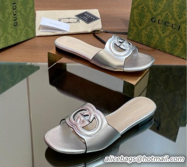 Luxury Cheap Gucci Cutout Interlocking G Flat Slides Sandals Silver 605128