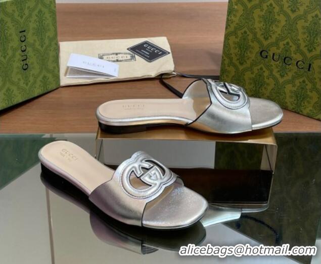 Luxury Cheap Gucci Cutout Interlocking G Flat Slides Sandals Silver 605128