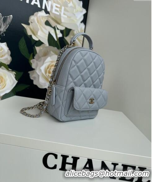 Good Product Chanel Grained Calfskin Mini Backpack Bag with Chain AP3573 Light Blue 2024