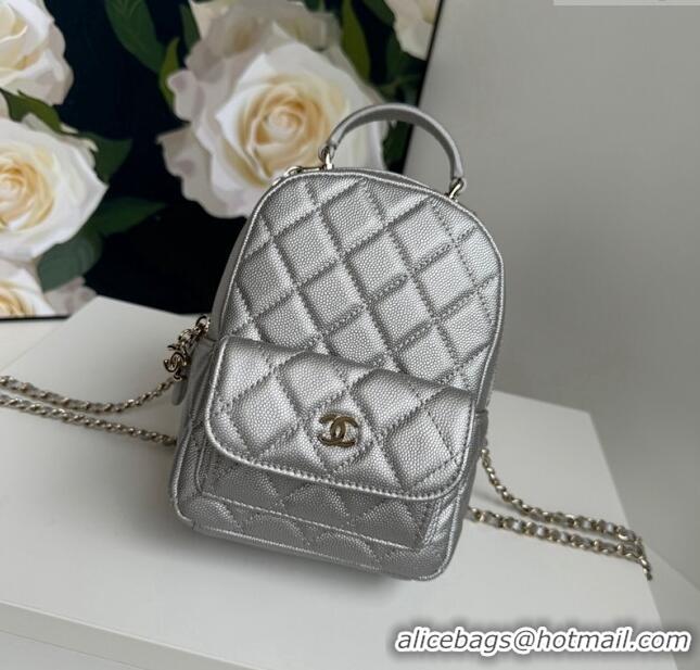 New Design Chanel Grained Calfskin Mini Backpack Bag with Chain AP3573 Silver 2024