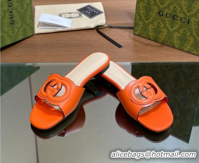 Charming Gucci Cutout Interlocking G Flat Slides Sandals Orange 605130