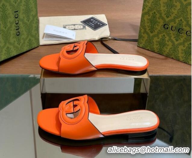 Charming Gucci Cutout Interlocking G Flat Slides Sandals Orange 605130