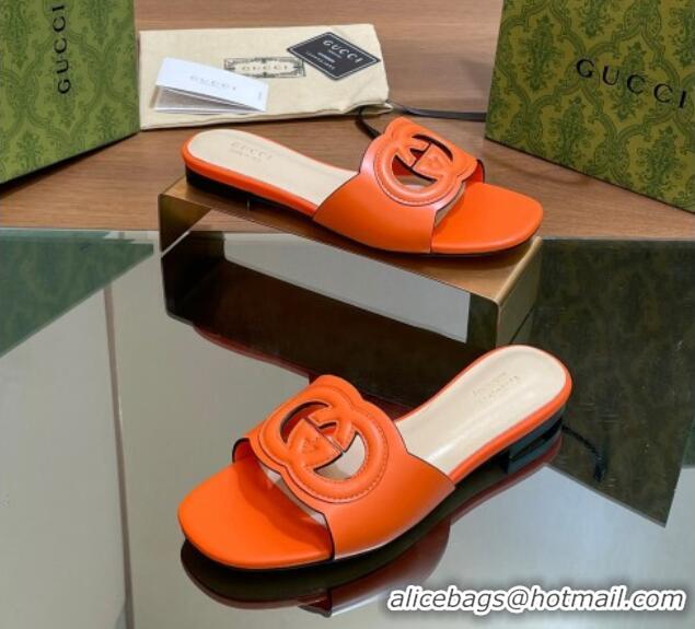 Charming Gucci Cutout Interlocking G Flat Slides Sandals Orange 605130