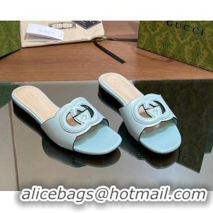 Buy Luxury Gucci Cutout Interlocking G Flat Slides Sandals Light Blue 605131