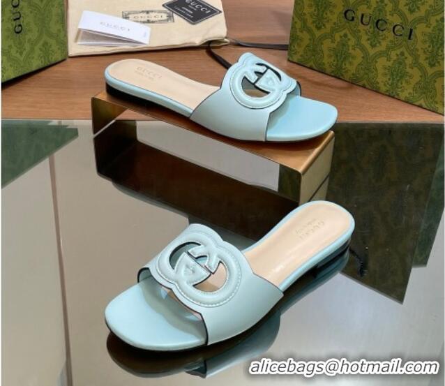 Buy Luxury Gucci Cutout Interlocking G Flat Slides Sandals Light Blue 605131