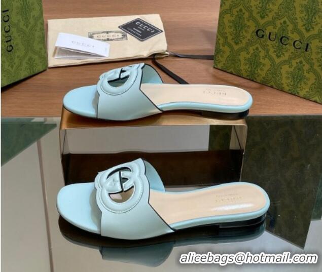 Buy Luxury Gucci Cutout Interlocking G Flat Slides Sandals Light Blue 605131