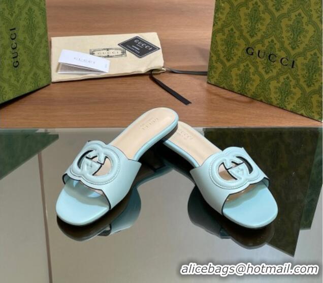 Buy Luxury Gucci Cutout Interlocking G Flat Slides Sandals Light Blue 605131