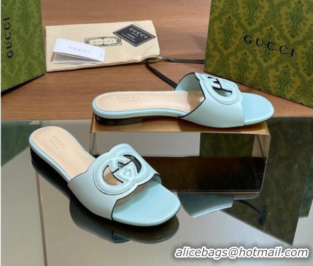 Buy Luxury Gucci Cutout Interlocking G Flat Slides Sandals Light Blue 605131