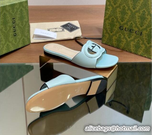 Buy Luxury Gucci Cutout Interlocking G Flat Slides Sandals Light Blue 605131