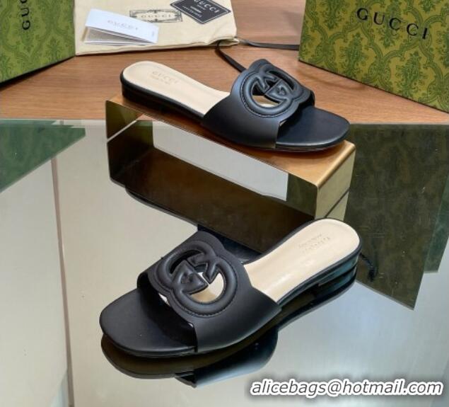 Good Quality Gucci Cutout Interlocking G Flat Slides Sandals Black 605133