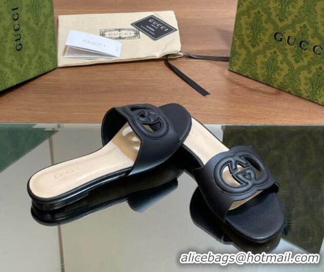 Good Quality Gucci Cutout Interlocking G Flat Slides Sandals Black 605133