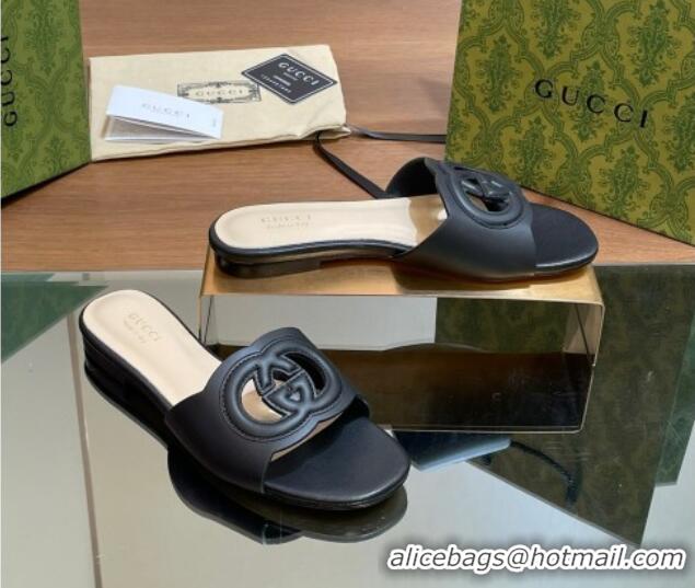 Good Quality Gucci Cutout Interlocking G Flat Slides Sandals Black 605133