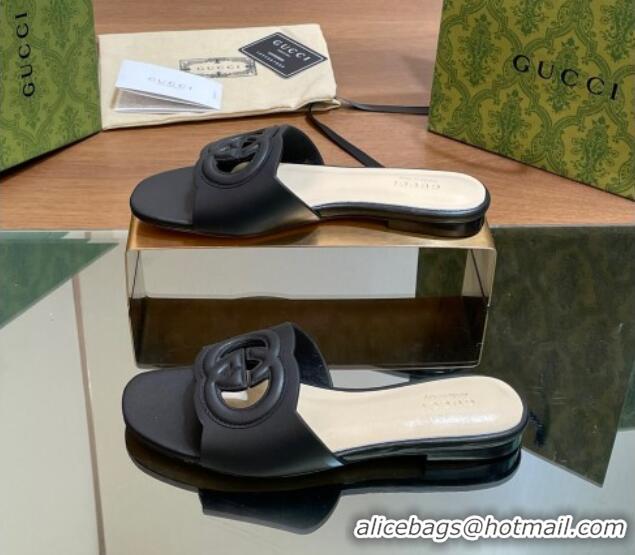 Good Quality Gucci Cutout Interlocking G Flat Slides Sandals Black 605133