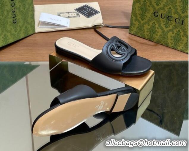 Good Quality Gucci Cutout Interlocking G Flat Slides Sandals Black 605133