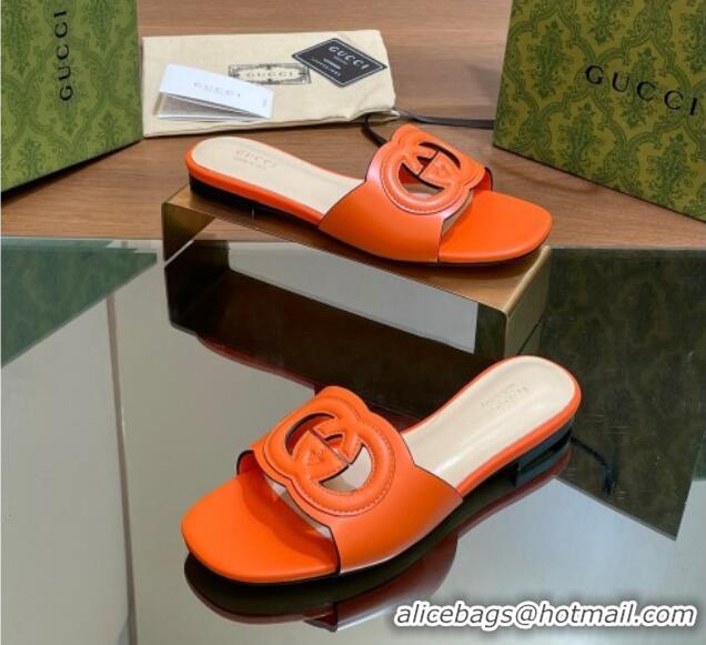 Top Grade Gucci Cutout Interlocking G Flat Slides Sandals Orange 605135