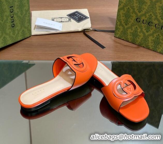 Top Grade Gucci Cutout Interlocking G Flat Slides Sandals Orange 605135