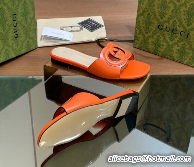 Top Grade Gucci Cutout Interlocking G Flat Slides Sandals Orange 605135