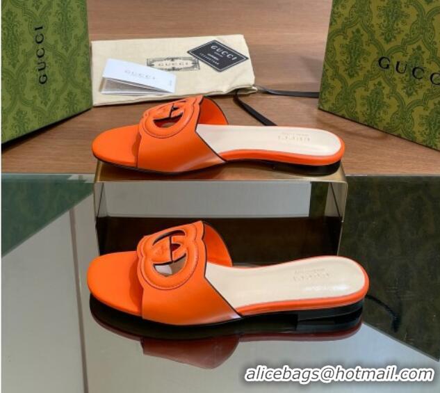 Top Grade Gucci Cutout Interlocking G Flat Slides Sandals Orange 605135