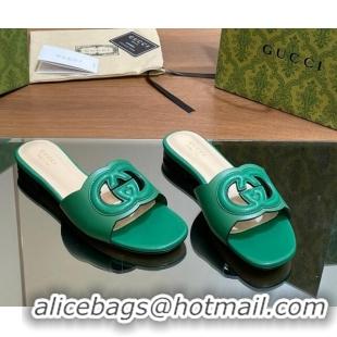 Shop Duplicate Gucci Cutout Interlocking G Flat Slides Sandals Green 605136