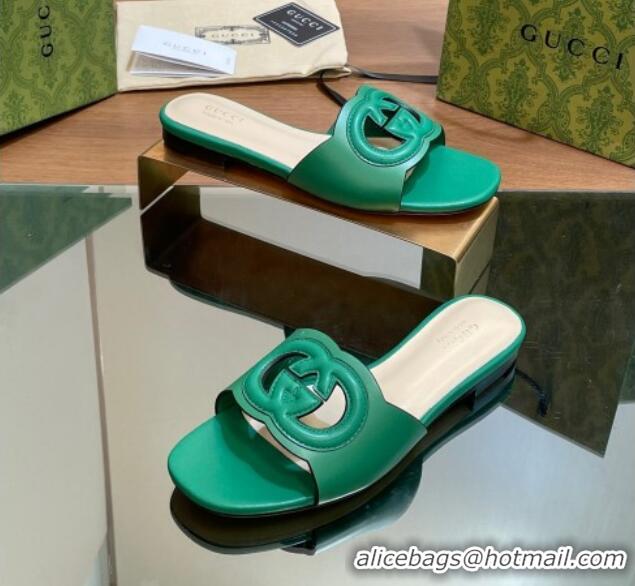 Shop Duplicate Gucci Cutout Interlocking G Flat Slides Sandals Green 605136