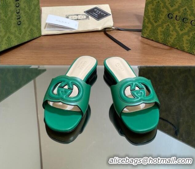 Shop Duplicate Gucci Cutout Interlocking G Flat Slides Sandals Green 605136