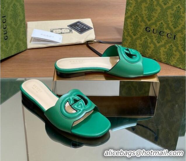 Shop Duplicate Gucci Cutout Interlocking G Flat Slides Sandals Green 605136