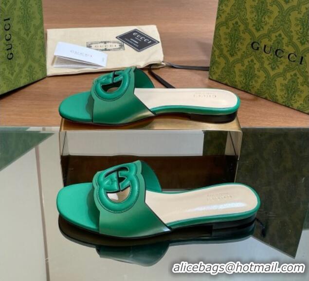 Shop Duplicate Gucci Cutout Interlocking G Flat Slides Sandals Green 605136