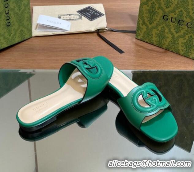 Shop Duplicate Gucci Cutout Interlocking G Flat Slides Sandals Green 605136