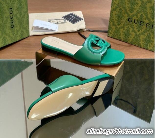 Shop Duplicate Gucci Cutout Interlocking G Flat Slides Sandals Green 605136