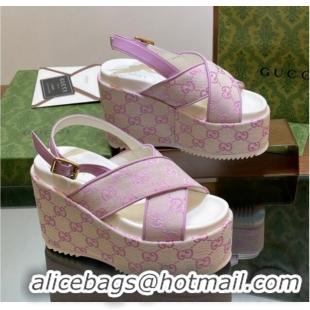 Best Product Gucci GG Denim Platform Wedge Sandals 12cm Purple 605142