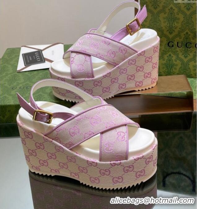 Best Product Gucci GG Denim Platform Wedge Sandals 12cm Purple 605142